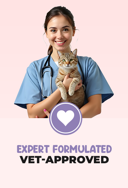 Vet holding a cat with 'Expert Formulated Vet-Approved'