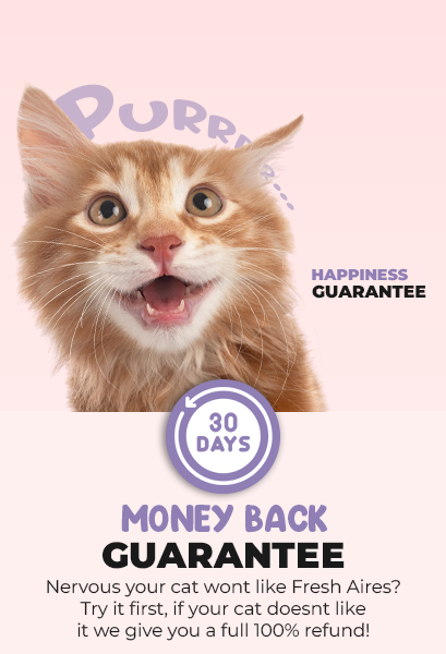 Cat with a 'Purr' label and text about a happiness and money-back guarantee on a pink background.