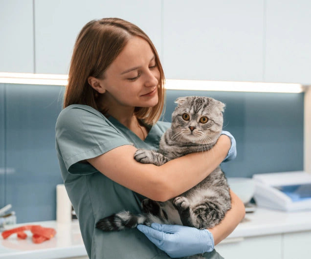 Woman holding a gray cat in a veterinary clinic